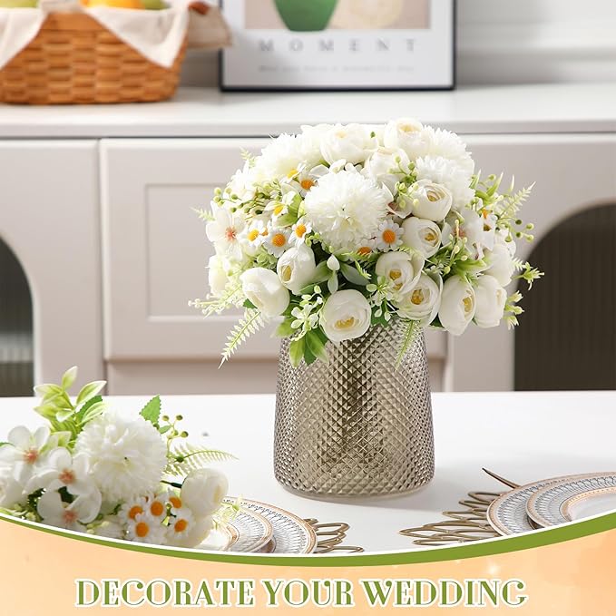 Tigeen 12 Bundles Peonies Artificial Flowers Faux Roses Silk Flowers Hydrangea Artificial Bouquet for Wedding Table Centerpiece Floral Vase Home Office Bridal Decor (Pure White)