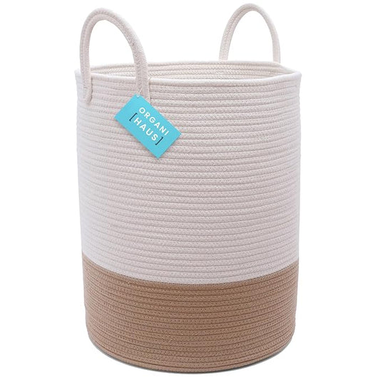 OrganiHaus Boho Laundry Basket 15x18, Baby Hamper for Nursery, Boy Basket for Toys, Basket for Blankets fror Living Room, Large Woven Basket for Storage, Towel Basket & Blanket Basket, Honey