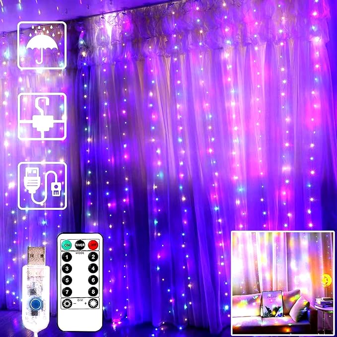 Curtain Lights, String Lights Bedroom, 300 LED 9.8x9.8Ft Twinkle String Light Decorations for Window Wedding Bedroom Wall Party Backdrop, Cute Home Indoor Outdoor Decor String Light Remote Control