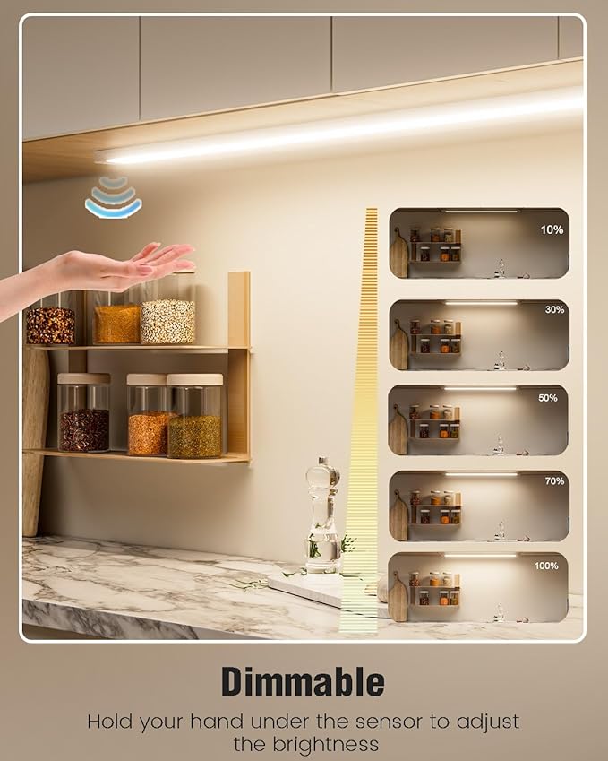 MYPLUS 36 Inch Under Cabinet Lights with Hand Wave, Under Counter Lighting 4000K Natural White,Dimmable,Plug and Play,LED Lights for Kitchen Cabinet, Cupboard, Closet, Desk