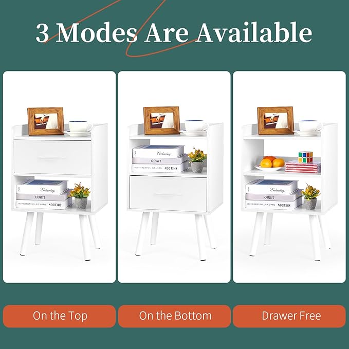 Yoobure Modern Nightstand with Drawer, Bedside Tables, Mid Century Nightstands with Open Storage Shelf, Wood Bedside Table, Small Night Stands for Bedrooms, 2-Tier Night Table