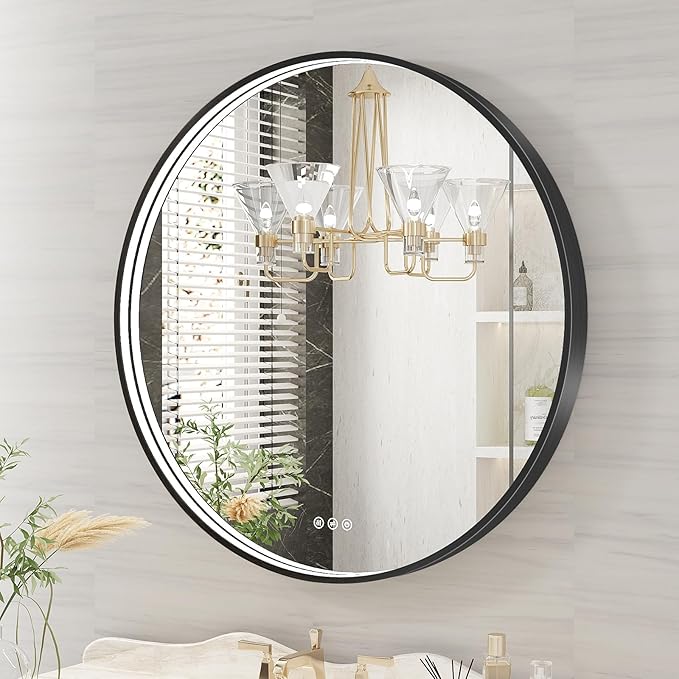 28 Inch Round LED Bathroom Mirror, Black Metal Framed Lighted Mirror for Bathroom, Wall Mouted LED Vanity Mirror with Lights, 3 Colors and Stepless Dimmable, Anti-Fog, Memory