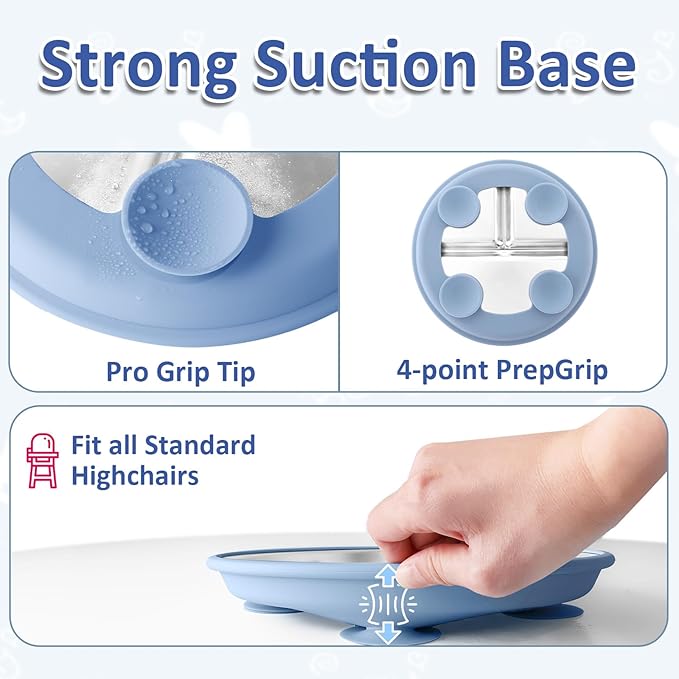 Stainless Steel Suction Plates for Toddlers, 9" Divided Kids Baby Plates with Removable Silicone Suction, Non Toxic Non Slip Portion Control Snack Dishes 3 Packs, Blue Gray Sage