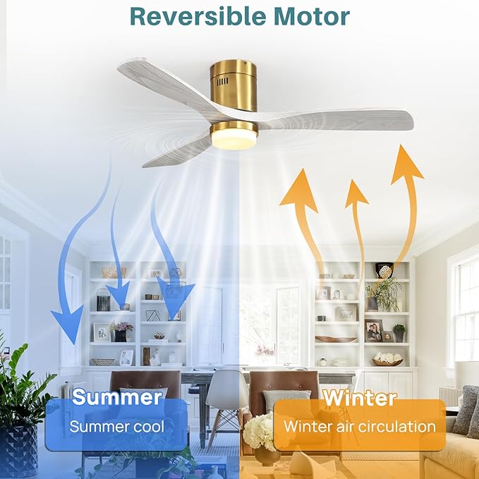 Sofucor Ceiling Fan with Lights-52 Inch Flush Mount Ceiling Fan with Light and Remote Control, Low Profile Wood Blades Modern Outdoor Ceiling Fans for Bedroom/Farmhouse/Patio/Indoor, Quiet DC Motor