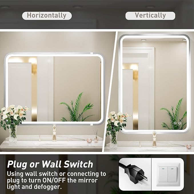 24x36 Inch LED Bathroom Mirror with Lights,Silver Metal Framed Brushed Lighted Vanity Mirror,Antifog Stepless Dimmable,Wall Mounted(Horizontal/Vertical)