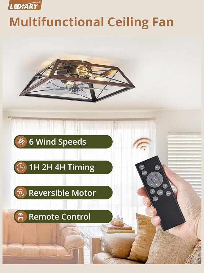 LEDIARY Ceiling Fan with Light, 24 Inch Farmhouse Caged Flush Mount, Low Profile Fan Light Fixture, Small Industrial Rustic Ceiling Fan with Remote