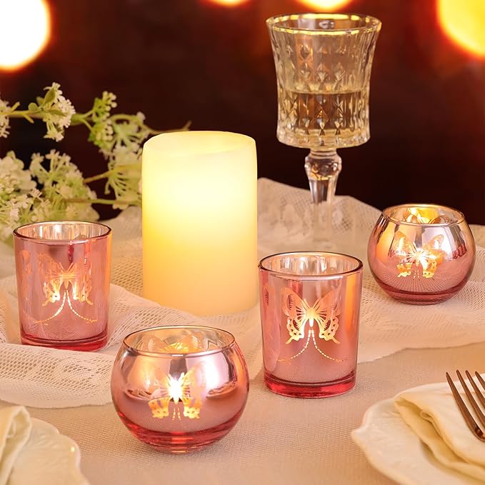 Pink 12 PCS Combination Tea Lights Candle Holder Decorative with Butterfly Pattern, Votive Candle Holders for Wedding, Birthday, Anniversary, Parties, and Holiday Decorations