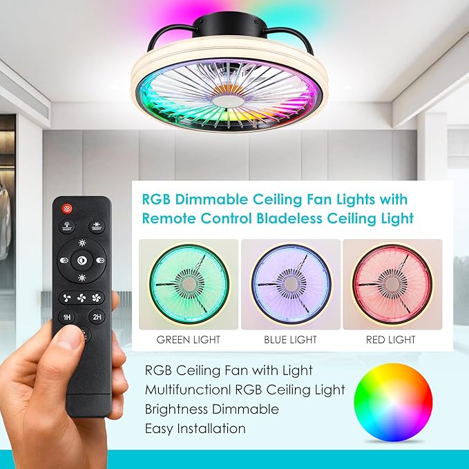 Low Profile Ceiling Fan with Light - Modern Flush Mount Ceiling Fan,15" RGB Dimmable LED Enclosed Ceiling Fans,Modern Bladeless LED-RGB Ambient Light for Bedroom Kids Room Party（Black）