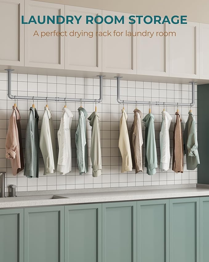 OROPY Industrial Pipe Clothes Rack Wall Mounted Set of 2, 38.4 inches Heavy Duty Iron Pipe Clothing Garment Rail, Multi-Purpose Clothing Hanging Rod for Laundry Room and Closet Storage, Silver Gray