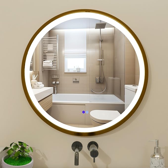 Circle LED Mirror for Bathroom, Anti-Fog & Dimmable Touch Switch, 32 inches, Gold