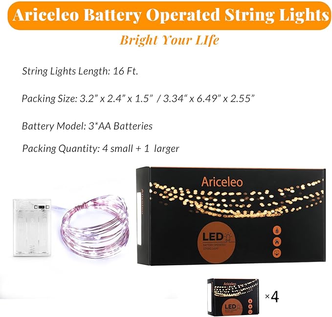 Led Fairy Lights Battery Operated, 4 Packs Mini Battery Powered Copper Wire Starry Fairy Lights for Bedroom, Christmas, Parties, Wedding, Centerpiece, Decoration (5m/16ft Cool White)