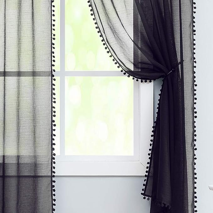 Treatmentex Pom-pom Sheer Black Curtains for Living Room 84 inches Length Modern Window Curtain Panels for Kids Room Drapes 1 Pair Rod Pocket