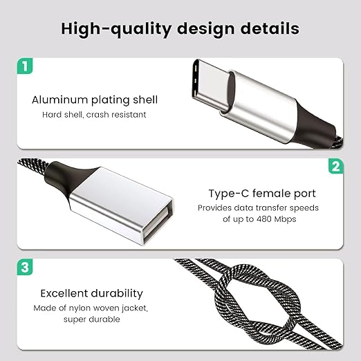 Fidioto USB C to Double USB Cable Splitter 6.6Ft, Type C to Two Type A Adapter for Laptop,Tablet, Telephone,Flash Disk Drive, Gaming Consoles