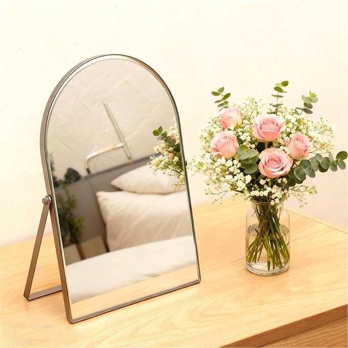 Black Metal Bedroom Mirror Vanity Countertop Makeup Mirror Arch Makeup Bathroom Mirror Rotation Framed Standing Mirrors 90°Adjustable Room Decor for Living Room,Bathroom Tabletop