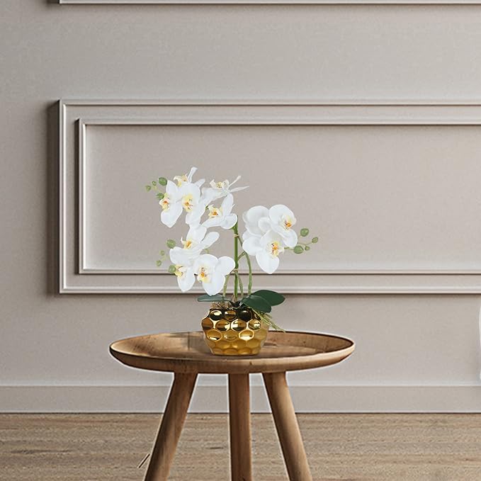 Ziwon Artificial Orchid Flowers & Plants Potted in Ceramic Pot, White Faux Phalaenopsis Orchids for Table Centerpiece, Realistic Fake Flower Arrangement for Home Office Decor Indoor