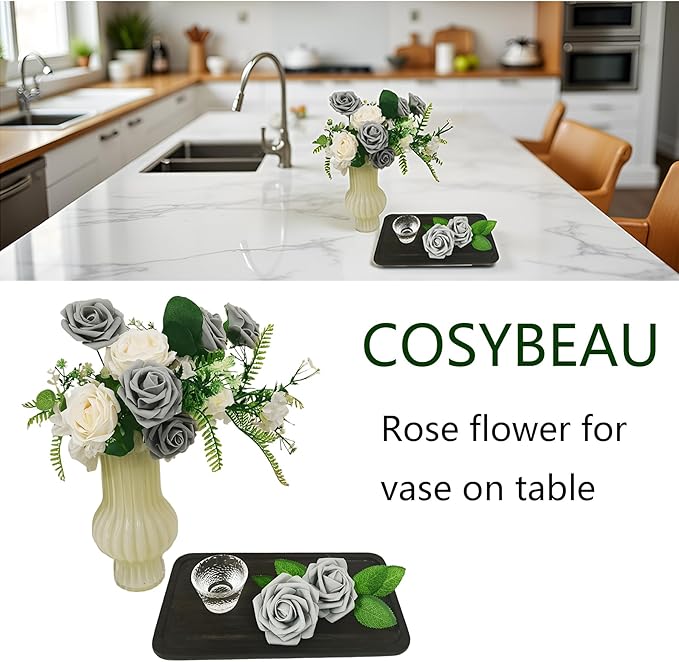 Grey Roses Artificial Flowers 25 PCS, Fake Rose Flower Heads Flowers with Stem for DIY Bouquets Wedding Decorations Centerpieces Arrangements Party Home Decor