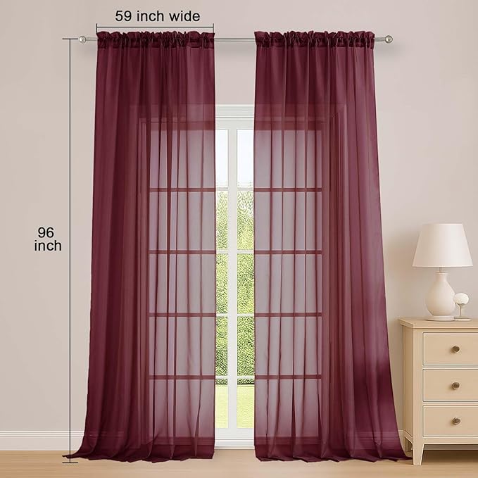 OWENIE Burgundy Vine Sheer Curtains, Sheer Curtains 96 inches Long 2 Panels Set, Rod Pocket Fimly Sheer Drapes for Living Room/Bedroom, 2pcs, Each 59" W x 96" L