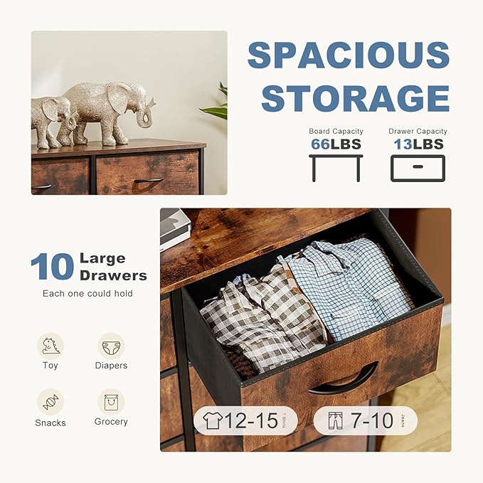 DUMOS Dresser for Bedroom, 10 Storage Drawers, Wide Fabric Closet Chests Organizer Tower Furniture with Wooden Top Metal Frame for Clothes, Guest Room, Living Room, Hallway, Entryway