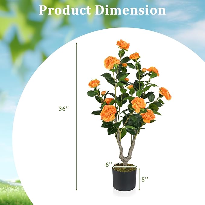 GOFLAME 3FT Artificial Camellia Tree, 2 Pack Faux Camellia Plant with Orange Flowers, Solid Wood Trunk, Realistic Moss, Greenery Potted Decoration Tree for Indoor Outdoor Home Porch Front Door