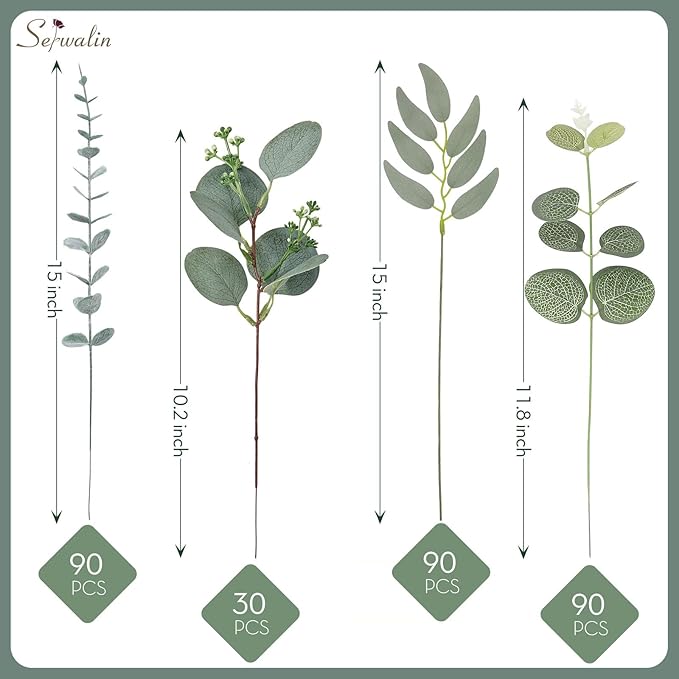 Serwalin 300 pcs Artificial Mixed Eucalyptus Leaves Stems Bulk, 4 Kinds Silver Dollar Eucalyptus Leaves Picks,Faux Greenery Stems Sprays for DIY Bouquets Floral Arrangement Home Decor