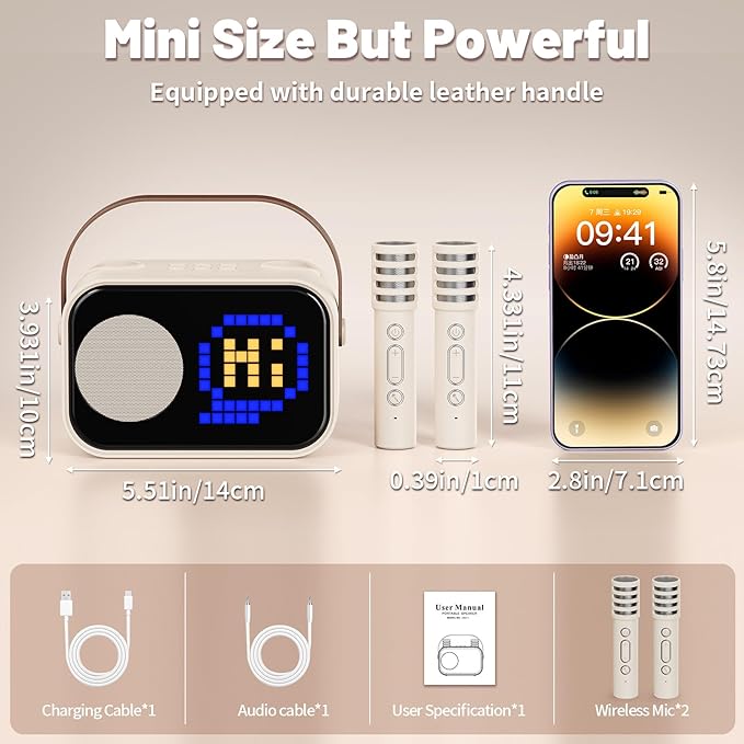 Karaoke Machine for Kids Adults, Portable Bluetooth Karaoke Speaker with 2 Wireless Microphones, Pixel Display Light, Birthday Gifts Toys for Girls & Boys Ages 3, 4, 5, 6, 7, 8, 9,10,11,12+ Years