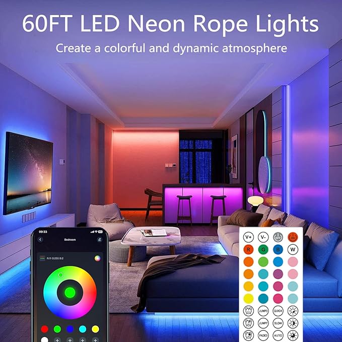 60FT Neon Rope Lights,Flexible Led Light Control with App/Remote,Multiple Modes,IP67 Outdoor Waterproof,Music Sync Strip for Bedroom