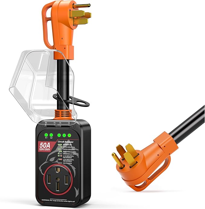 MILLIONHOME 𝟏𝟖𝟎𝟎𝟎 𝐉𝐨𝐮𝐥𝐞𝐬-RV Surge Protector 50 Amp, RV Power Surge Voltage Protection, RV Adapter Plug for Camper, Circuit Analyzer for Travel Trailers with Waterpoof Cover(Orange-Black)