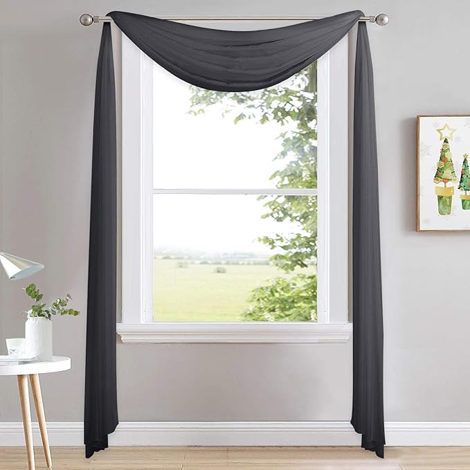 NICETOWN Extra Long Black Scarf - Voile Textured Sheer Drapery Dirt-Proof Window Treatment for Farmhouse/Garden/Old People (W60 x L216, 1 Panel, Black)