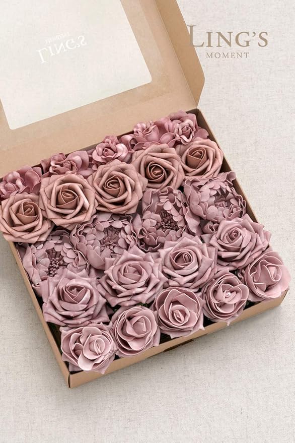 Ling's Moment Artificial Flowers Fake Roses Faux Foam Peonies Combo for DIY Wedding Bouquets Centerpieces Arrangements Bridal Shower Party Home Decorations, Dusty Rose, 23pcs