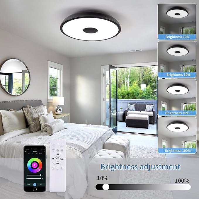 Black Smart Waterproof LED Flush Mount Ceiling Light Fixture,18W,with Bluetooth Speaker,RGB Color Changing Function-Dimmable Lamp,Tuya Application Control-Compatible with Alexa Google Home