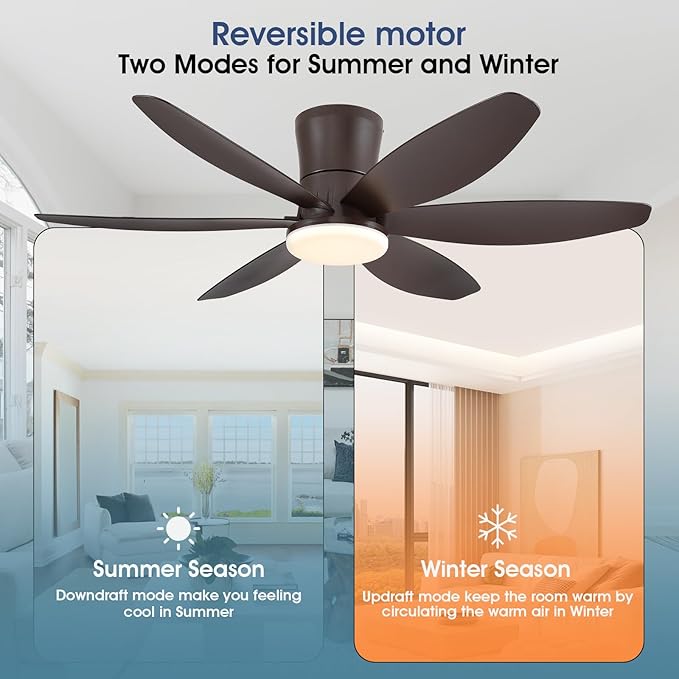 48In Ceiling Fans with Light and Remote/APP Control, 6-Blade Reversible Motor Ceiling Fan, 3-Color Dimmable Lighting, All-Brown Finish