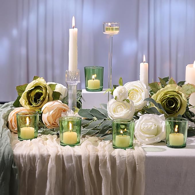 LETINE Green Glass Votive Candle Holders Set of 36 - Tealight Candle Holders for Spring & Summer Wedding and Christmas Centerpieces - Ideal Candle Jars for Making Candles