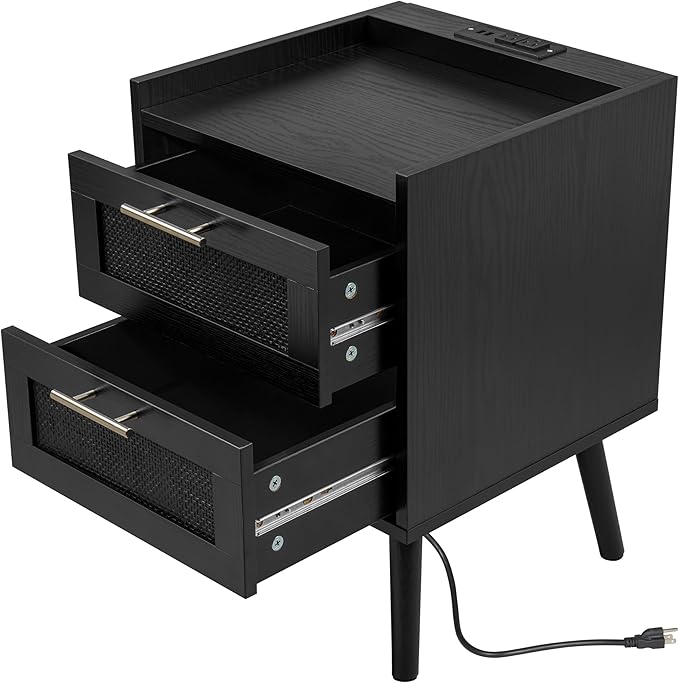 Finnhomy Nightstand with Charging Station, Bedside Table with 2 Hand Made Rattan Decorated Drawers, Night Stand with Storage for Bedroom, Full Black, Set of 2