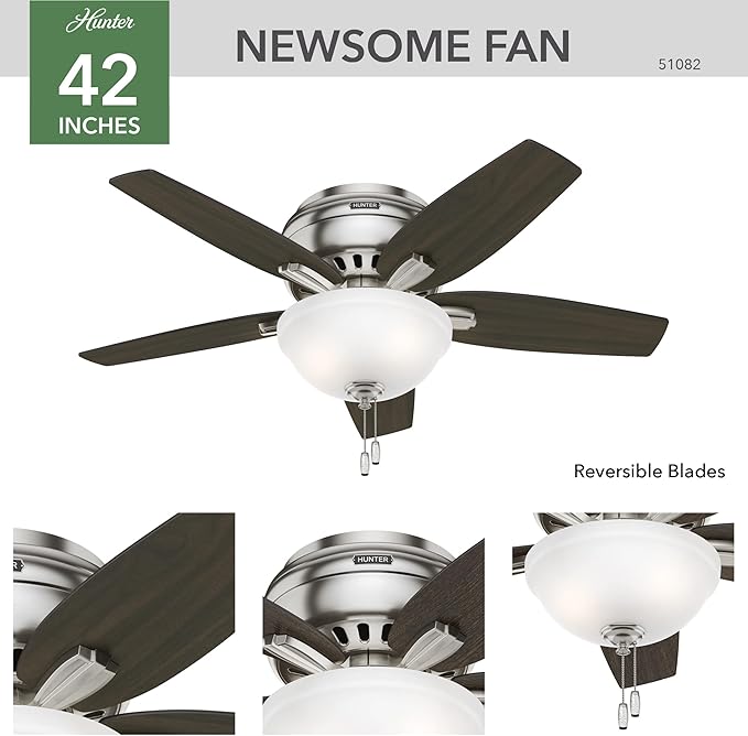 Hunter Fan Company, 51082, 42 inch Newsome Brushed Nickel Low Profile Ceiling Fan with LED Lights and Pull Chain