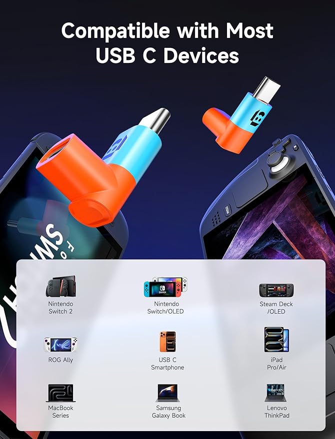JSAUX 90 Degree USB C to USB C Adapter 2-Pack, 100W 40Gbps Data Transfer Right Angle Type-C Adapter for Steam Deck, Switch 2, ROG Ally, iPhone 15/16/17/Air, Tablets, Laptops & Phones - Blue&Orange