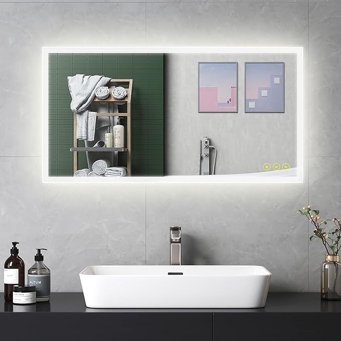 Wall-Mounted LED Square Bathroom Mirror, Makeup Mirror (40 inches x 24 inches,) 3 Color Dimming Bathroom Vanity Mirror with Lights Smart Mirror with Touch