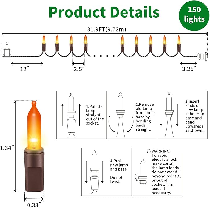 LAMPHOME 31.9FT 150-Count Halloween Decoration Lights with Brown Wire, String Lights for Holiday Decorations, Halloween Tree Lights, Holiday Party, Home, Indoor & Outdoor Use (Brown Wire Orange)