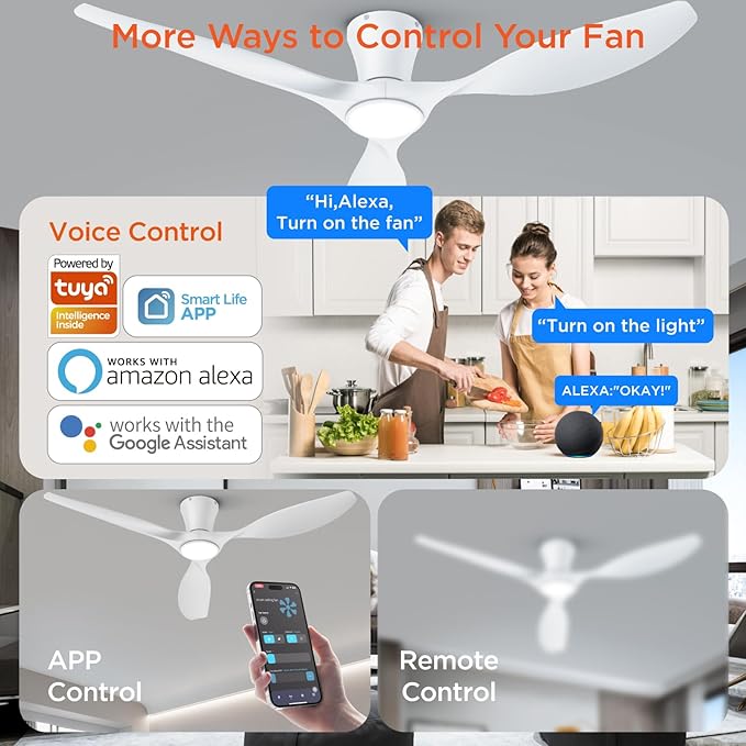TALOYA 52 inch Smart Ceiling Fan,Low Profile Ceiling Fan with Light and Remote/App Control,Flush Mount, Quiet Reversible Motor for Living Room Bedroom Patio White