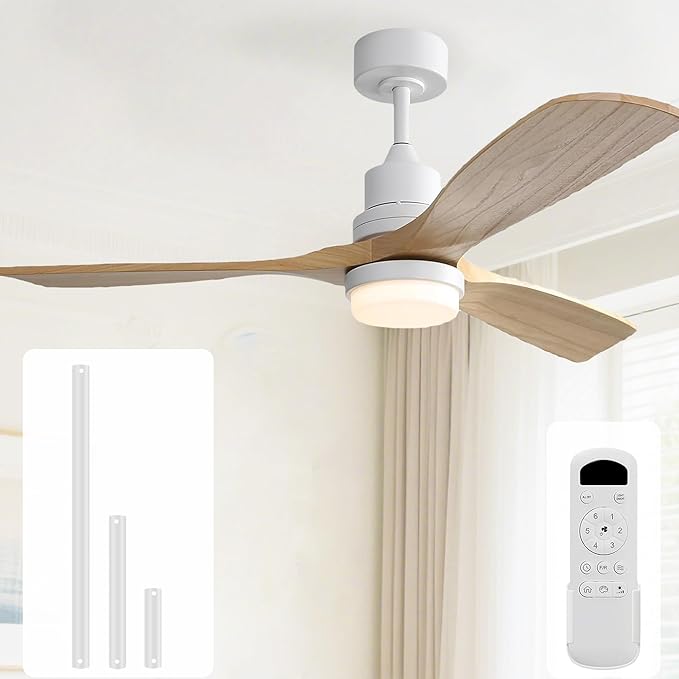 Sofucor 52 Inch Ceiling Fan with Lights and Remote Control-Modern Solid Wood Blade Ceiling Fan for Bedroom Living Room Indoor Outdoor Farmhouse Patio, Quiet DC Motor, Natural Wood