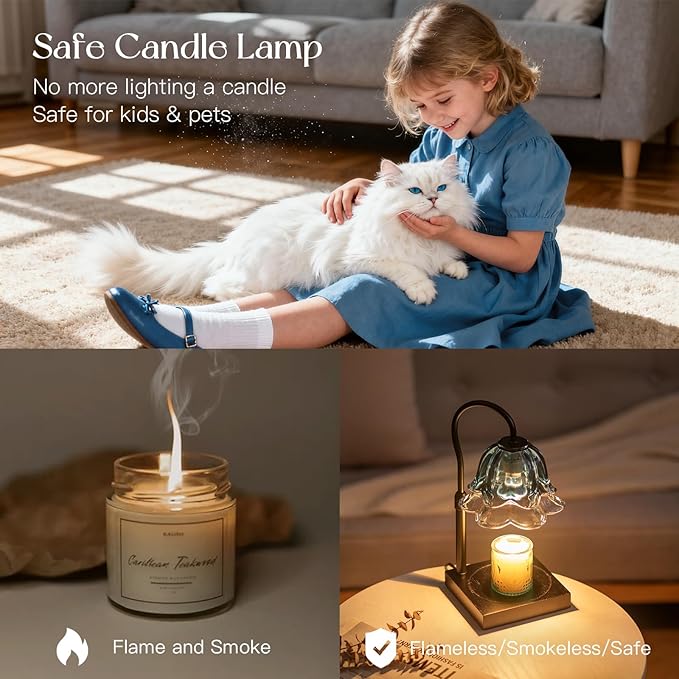 Candle Warmer Lamp with Timer: Navy Blue Flower Candle Warming Lamp with 2 Bulbs Height Adjustable Wax Warmer Dimmable Bedroom Decor Birthday Gift for Women