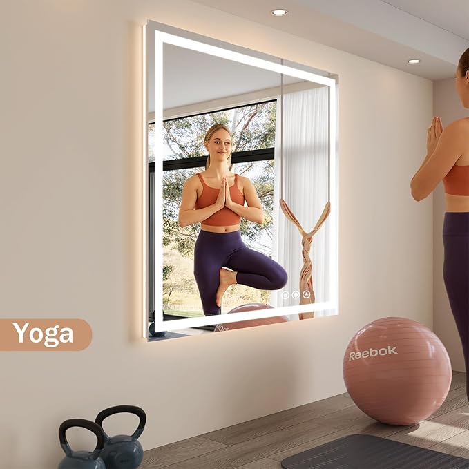 Koonmi Home Gym Mirror, 47"x47" Heavy Duty Large Seamless Tempered Glass Wall Mirrors with LED Lights for Gym, Workout, Yoga, Fitness, Dance Studio, Home, Exercise Room, Bathroom