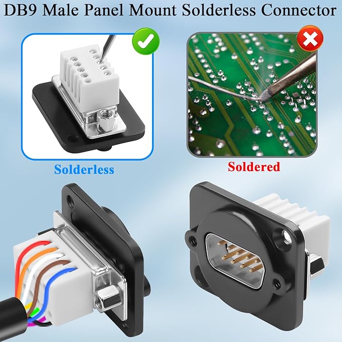 QIANRENON DB9 Panel Mount Solderless Connector Compact DB9 Male to 9Pin Crimp Terminal Bulkhead Mount Serial Adapter D-SUB 9Pin Wiring Plug, Locking Screw Hole, for RS232/RS485/RS422 Communication