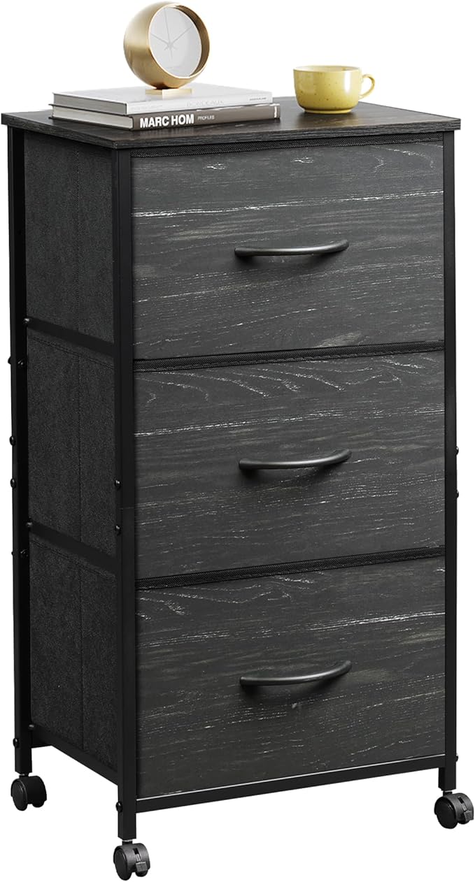 WLIVE Dresser with 3 Drawers, Fabric Nightstand, Cabinet with Wheels, Organizer Storage Dresser for Bedroom, Office, Closets, Sturdy Steel Frame, Easy Pull Handle, Charcoal Black Wood Grain Print