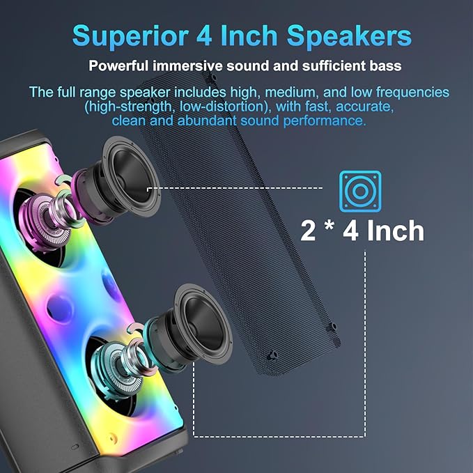 Bluetooth Speaker, 80W Peak Wireless TWS Portable Outdoor Party Speakers with Subwoofer, Deep Bass, LED Colorful Lights, Loud Stereo Sound Boombox with Radio for Home, Camping, Travel