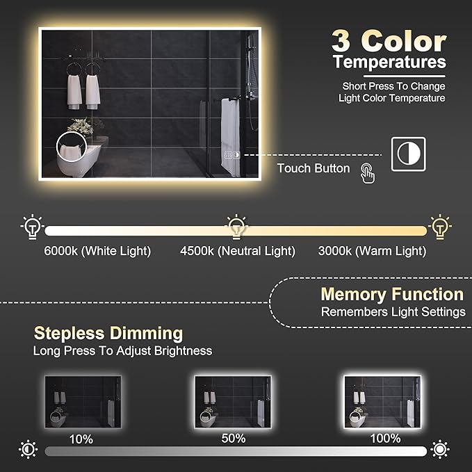Led Mirror for Bathroom, 40x32 Inch Lighted Mirrors with 10X Magnification and Shaver Charging Port, Anti-Fog, Memory Function, 3 Color Temperature, Dimmable Led Backlit Mirror, Horizontal/Vertical