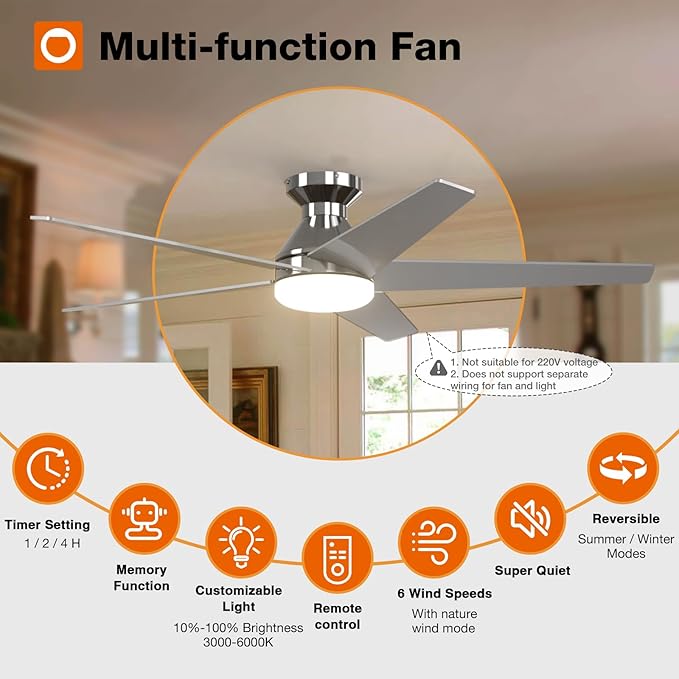 addlon Ceiling Fans with Lights, 52 inch Low Profile Ceiling Fan with Light and Remote Control, Flush Mount, Reversible, 3CCT, Dimmable, Noiseless, Nickel Ceiling Fan for Bedroom, Indoor/Outdoor Use