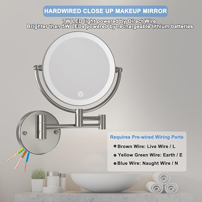 Wall Mounted Lighted Makeup Vanity Mirror with Magnification, 8 Inch Double Sides 10X Magnifying Bathroom Mirror 3 Color Lighting Touch Dimming, Extended Arm Shaving Mirror Hard Wired, Brushed Nickel
