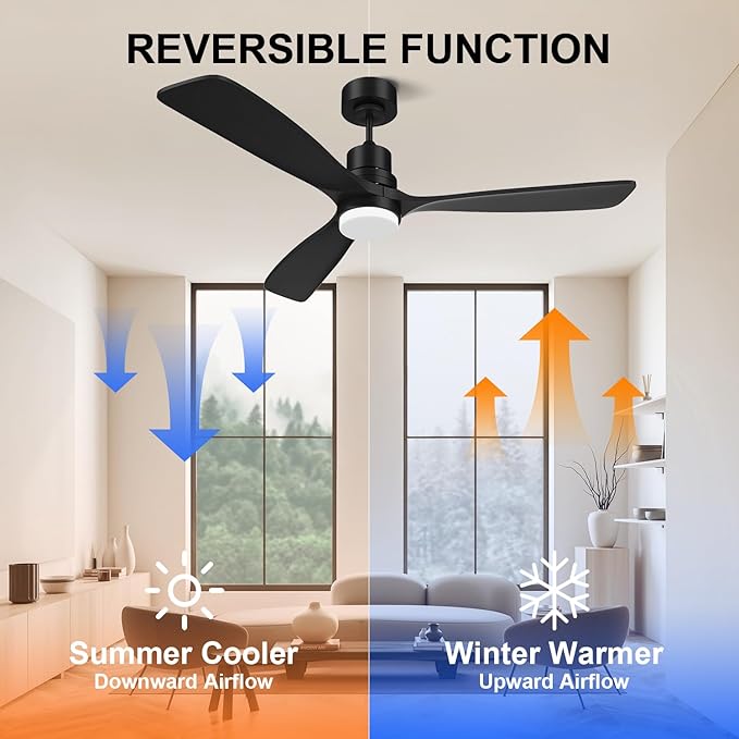 Obabala 52inch Ceiling Fan with Light and Remote Control Outdoor Ceiling Fan with 3 Blades Wood Reversible DC Motor for Patio, Porch, Bedroom, Living Room (Black)
