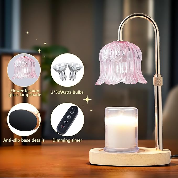 Candle Warmer Lamp Electric Timer - Modern Home Decor Table Lights for Candles Warming Height Adjustable Dimmable Warmers Pink