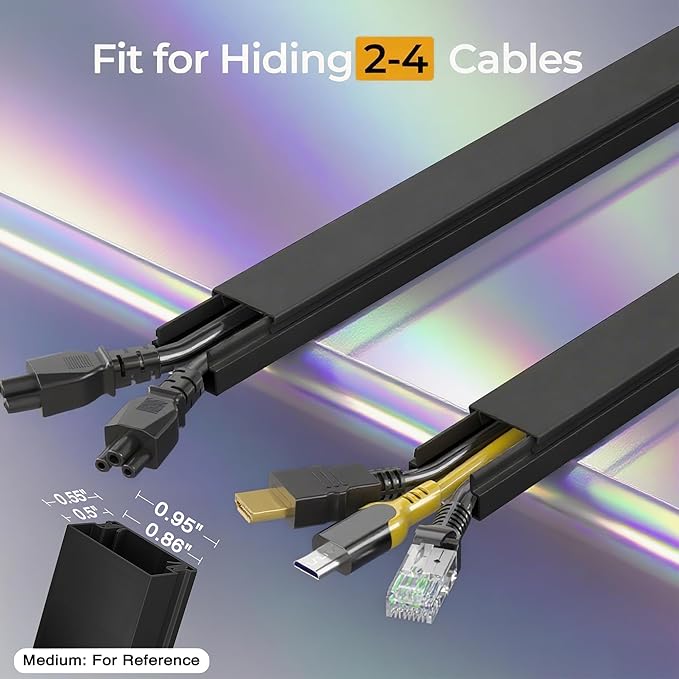 113.4in Cord Hider Kit, Cord Covers for 2-4 Wires on Wall, Self-Adhesive Cable Hider Wire Covers for Cords on Wall, Easy Set-up Cord Hider for Walls Mount Tv, Cable Cover Raceway, W0.95 H0.55in, Black